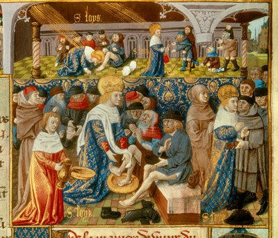 King Louis IX (1214-1270) (Saint Louis) washing the feet of the poor and scenes of Christian charity from King Miniature taken from a manuscript “The Book of Facts of Monsignor Saint Louis””” 15th century. Paris, B.N 作者 未知艺术家