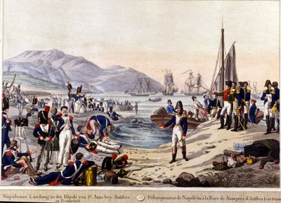 拿破仑一世于 1815 年登陆安提比斯。19 世纪雕刻。 作者 未知艺术家
