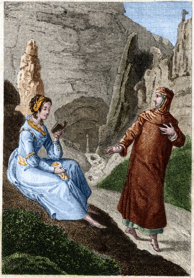 劳尔-德-诺维斯（Laura）和弗朗西斯科-佩特拉卡（Petrarca）（意大利诗人和人文主义者1304-1374）。18世纪末的雕版画。 作者 未知艺术家