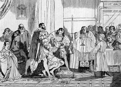 Leonardo da Vinci (Leonard de Vinci) dying in the arms of Francois I (1494 - 1547) in 1519 at Clos Luce. engraving. 作者 Unknown artist