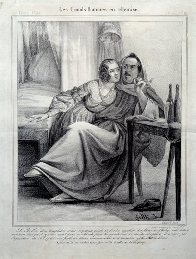 Les grands hommes en chemise 代表作家 Honore de Balzac (1799-1850) 在抽烟时缠住一名年轻女子。 E. Allet（19 世纪）巴黎，巴尔扎克之家的插图 作者 未知艺术家
