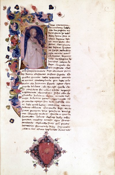 "Teseide "序言的微型页上的字母线 "a"。乔瓦尼-博卡西奥（Boccacio）（1313 - 1375）。15世纪的手稿。Trivulziana米兰。 作者 未知艺术家