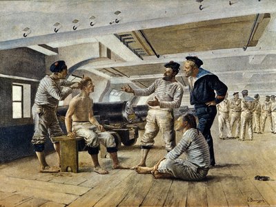 法国军舰上的生活：船舶理发师为水手刮胡子，约 1800 年 作者 未知艺术家
