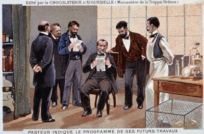 法国科学家路易斯巴斯德 (1822-1895) 指出了他未来工作的计划，周围是合作者 - 艾格贝尔的巧克力广告标签，1895 年。 作者 未知艺术家