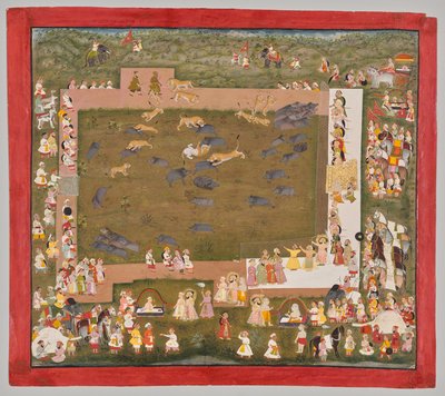 梅瓦尔的桑格拉姆-辛格二世大君（1710-1734 年在位）在萨德里与老虎一起狩猎野猪 作者 未知艺术家