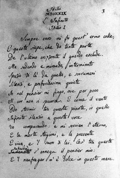 19 世纪意大利诗人贾科莫·莱奥帕尔迪 (Giacomo Leopardi) (1798 - 1837) 的“伊迪利”（田园诗）手稿 作者 未知艺术家