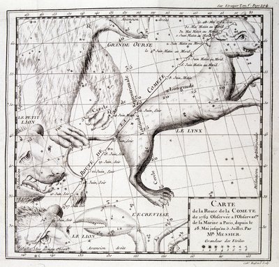 梅西耶观测到的 1762 年彗星路径图和天空图 - 雕刻 作者 Unknown artist