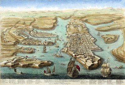 马耳他港口地图、防御工事和城堡。 18 世纪雕刻。 作者 未知艺术家