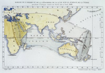 经度局出版的地图，显示了1868年月食期间月球的阴影和黑暗在地球表面的行进情况 作者 未知艺术家