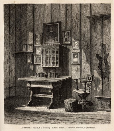 马丁·路德 (Martin Luther) 位于瓦尔特堡 (Wartburg) 的房间（1483-1546 年），他在 1521 年被逐出教会后在那里避难，桌子上方是他和他父母的肖像，在他们的眼睛下，他将圣经翻译成德文，并重新编写了他最著名的文本。 墨水 作者 未知艺术家
