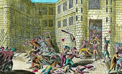 1792 年 9 月，人民屠杀了圣日耳曼修道院的囚犯。法国大革命的场景。 18 世纪的雕刻。 私人收藏。 作者 未知艺术家