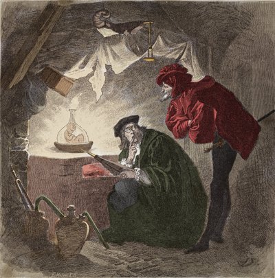 梅菲斯托费勒斯 (Mephisto) a Faust 插图 de “” Faust ”” by Johann Wolfgang von Goethe (1749-1832)（插图为“浮士德”“”by Goethe）雕刻 作者 未知艺术家