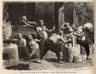 Mitrons 捣碎大米，然后将其酿造成米酒。 1863 年至 1864 年，瑞士联邦大臣艾梅·亨伯特 (Aime Humbert) 为说明前往日本的航程而绘制的版画，发表于“Le tour du monde”””1869 年，Edouard Charton 编辑，Hach 版 作者 Unknown artist