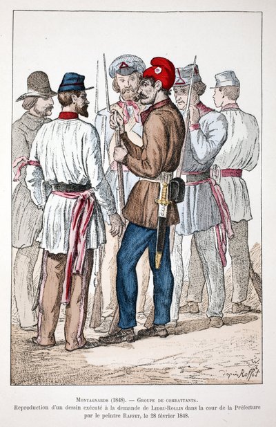 Montagnards (1848), a group of fighters, one of whom wears the Phrygian cap and the revolutionary cockade. Eau forte en couleurs, reproduction of a drawing executed at the request of Alexandre Ledru-Rollin (Ledru Rollin) (1807-1874) in the courtyard of the 作者 未知艺术家