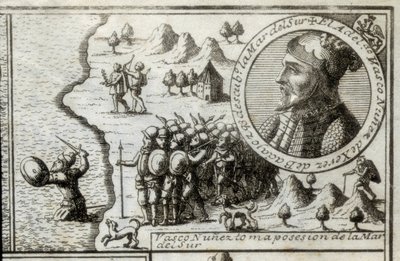 努涅斯-德巴尔博亚，瓦斯科（1475-1517 年）。英国发现者和征服者。西班牙。西班牙殖民（1513 年）。瓦斯科-努涅斯占领南海。1728 年的图片。雕刻。 作者 未知艺术家