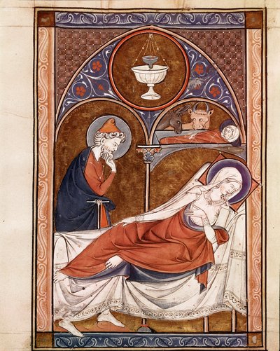 耶稣诞生：圣母玛利亚躺在床上 取自手稿“Psalterium Cum Calendario”” 13 世纪帕多瓦，神学院图书馆 作者 未知艺术家