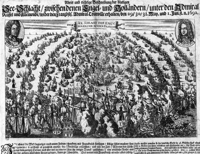 拉乌格海战 (1692)，反对路易十四的军队前往荷兰。 雕刻。 18世纪。 作者 未知艺术家
