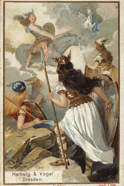 北欧的神话故事。Valholl（或Walhalla，Valhalla，Valhalle：勇敢的战士被带到的地方）的Walkyries（处女战士）和战士在战斗中的倒下。 19世纪的彩色石版画 作者 未知艺术家