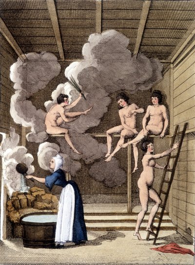 Nude characters in a Filandan sauna. Engraving from 1811 includes a book about the journey. 作者 Unknown artist