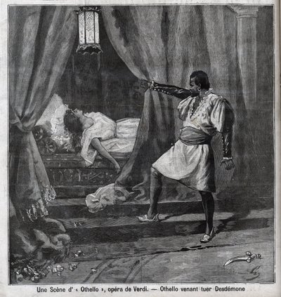 奥赛罗刚刚在他的床上杀死了苔丝狄蒙。朱塞佩-威尔第（1813-1901）的歌剧《奥赛罗》场景 "Le Parisien "中的版画 作者 未知艺术家