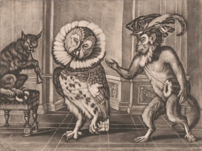 猫头鹰、猴子和猫，选自史密斯的《Mezzotintoes》，第三卷 作者 未知艺术家