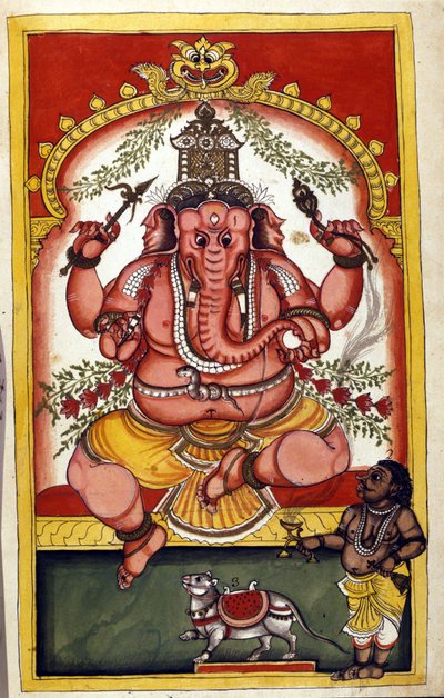 描绘印度教神甘尼萨（Ganesh 或 Ganapati）的页面，他是商人、旅行者和小偷的守护神。 摘自 Stefano Nivibus Cardeira 手稿（ms.8300）“”历史的 Mogol””（Moghul 或 Moghol）的页面。 18世纪。 Bibloteca marciana，威尼斯 作者 未知艺术家
