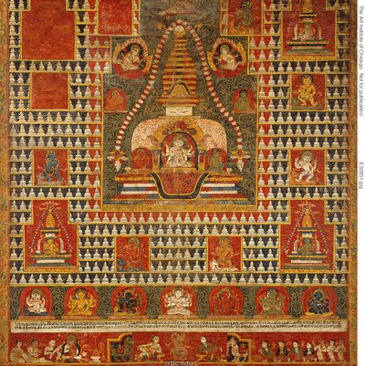 乌什尼沙维加亚女神的彩绘旗帜（paubha），位于葬冢（chaitya）内，周围环绕着 Chaityas 作者 未知艺术家