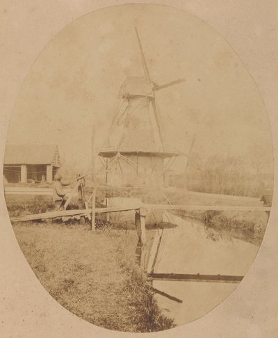 [戴帽子的画家在画架前画风车] 作者 Louis Désiré Blanquart Evrard