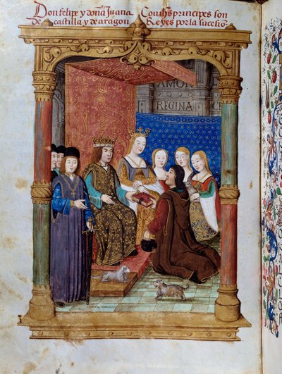 Pedro Marcuello presenting his book to King Philip I of Hasburg known as the Beautiful (1478-1506) and Queen Joan Iere the Folle of Castile (1504-1555). Miniature in “” Devocionario de la Reyna Da Juana a Quien Llamaron la Loca”” by Pedro Marcuello 作者 未知艺术家