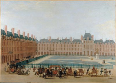 皇家广场，约 1660 年；国王的马车通过。当前的孚日广场，第四区，约 1655-1665 年（布面油画） 作者 未知艺术家
