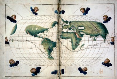 Planisphere（或世界地图）。来自Battista Agnese（1500-1564）地图集的地理图，约1543年。巴黎，B.N. 作者 未知艺术家
