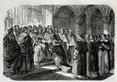 Pope Adrien II (792-872) handed over to one of his legates a bubble of excommunication against Lord Normand. Engraving - in “” History of the Popes””, sd. 19th century. 作者 未知艺术家