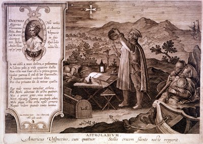 意大利航海家亚美利哥·维斯普奇 (1454 - 1512) 的肖像，使用星盘表示。 左边的盒子里是但丁的肖像，以及神曲炼狱第一首歌的一段。 18 世纪的雕刻 作者 未知艺术家