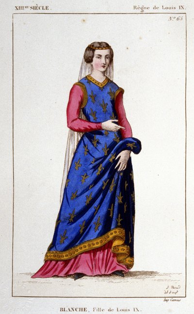 布兰奇（1252 - 1320）的肖像，路易九世（圣路易斯）的女儿，卡斯蒂利亚国王阿方索十世的妻子。 1830 年的雕刻。 作者 未知艺术家
