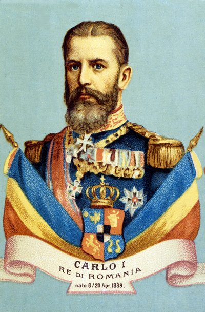 罗马尼亚国王查理一世 (Carol I) (1839-1914) 的肖像。 19 世纪的彩色平版印刷术 作者 未知艺术家