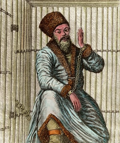 埃米利安-伊万诺维奇-普加乔夫（Yemelian or Emilian Pugachev）（1742-1775）的肖像，1773-1775年俄罗斯农民战争期间的哥萨克领袖（雅克哥萨克的雅克利），被囚禁在笼子里，向人们展示 作者 未知艺术家