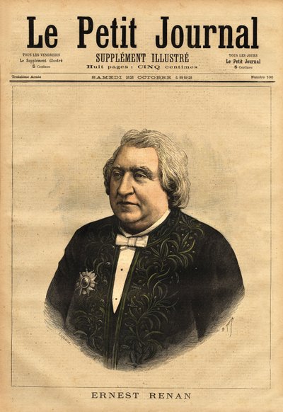 Portrait of Ernest Renan (1823-1892), writer, philologist, philosopher and historian. Popular author of “The Life of Jesus”, which contains this controversy of a biography of Jesus, redigeed as that of an ordinary man and that the Bible must be critically  作者 未知艺术家
