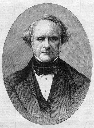 乔治-皮博迪（1795-1869）的肖像，他是美国马里兰州约翰-霍普金斯大学皮博迪学院音乐学院的创始人，是企业家和慈善家。雕刻在 "美丽的宇宙 "中 作者 未知艺术家