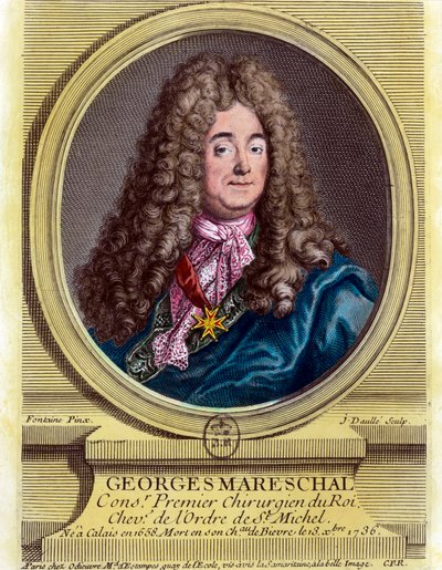 乔治-马雷夏尔（1658 - 1736）的肖像，1703-1719年国王的第一外科医生。18世纪的雕版画。私人收藏。 作者 未知艺术家