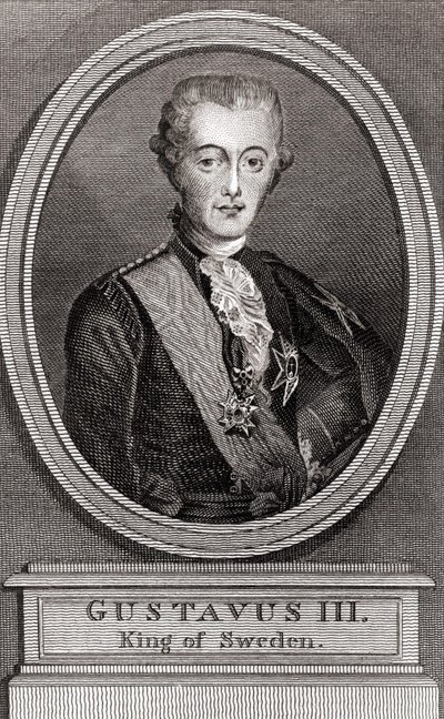 古斯塔夫三世（1746-1792）的肖像，1771年至1792年的瑞典国王，1787年的 "向昔日的士兵们征集 "的雕刻品 作者 未知艺术家