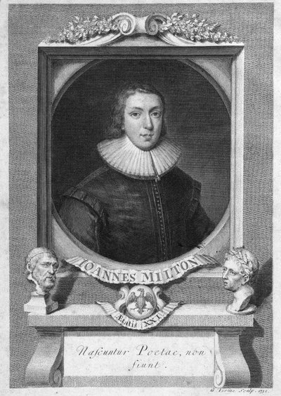 英国诗人和散文家约翰-米尔顿（1608-1674）的肖像 18世纪的雕刻品 作者 未知艺术家