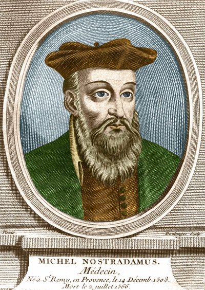 米歇尔-诺斯特拉达穆斯的肖像，医生，1503年12月14日生于圣雷米-德普罗旺斯，1566年7月2日去世。19世纪的雕版画。 作者 未知艺术家