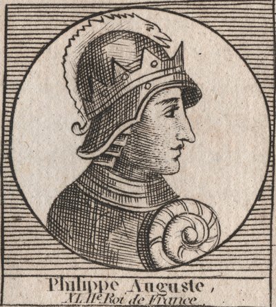 腓力二世（Philip II dit Philippe Auguste）（1165-1223）--法国国王腓力-奥古斯都二世（1165-1223）的肖像--雕刻自Charles Constant Le Tellier 1821年的《法国历史教学》。 作者 未知艺术家