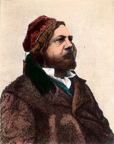 Theophile Gautier (1811 - 1872) 的肖像，法国诗人、小说家和艺术评论家。 19 世纪的雕刻。 私人收藏。 作者 未知艺术家