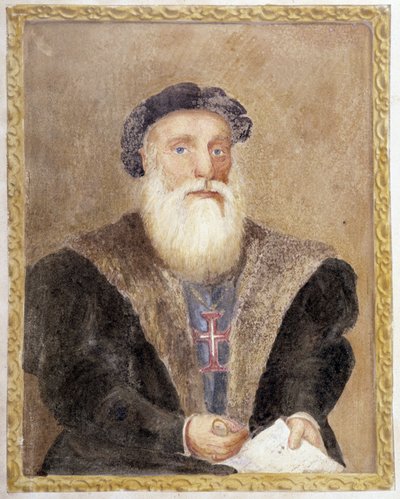 Vasco da Gama 的肖像——在“葡萄牙亨利王子的生活，航海家姓氏”中，理查德·亨利·梅杰 (Richard Henri Major) 作者 未知艺术家
