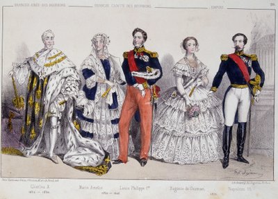 波旁王朝的肖像。 从左到右：查理十世（1757-1836）、玛丽·艾米莉（1782-1866）、路易·菲利普一世（1773-1850）、尤金妮·德·古兹曼（1826-1920）和拿破仑三世（1808-1873）。 作者 未知艺术家