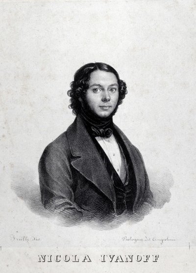 俄罗斯歌手尼古拉·伊万诺夫 (Nikolaj Kuzmiv Ivanov 1810-1880) 的肖像。 作者 Unknown artist