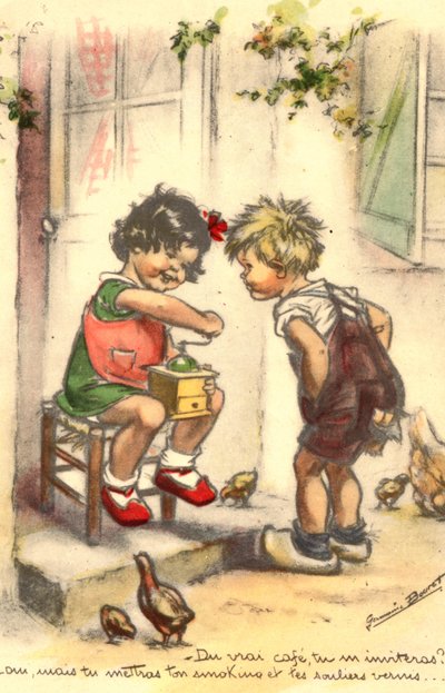 明信片, Kitsch, 拿着咖啡研磨机的两个孩子，女孩和男孩 作者 未知艺术家