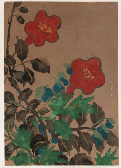 红色和蓝色的花朵和叶子 作者 未知艺术家