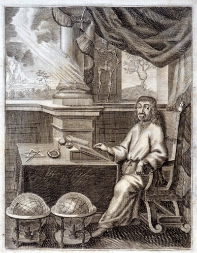 笛卡尔（René Descartes，1596 - 1650）在他的办公室和科学设备。17世纪的雕版画。 作者 未知艺术家